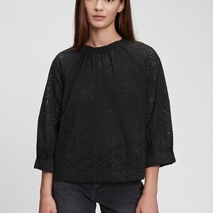 GAP Women's Black Eyelet Blouse 3/4 Sleeve Relaxed Fit Size Small